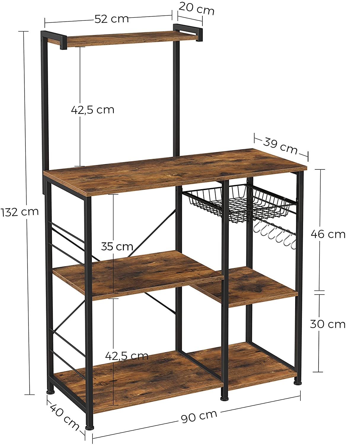 Kithcen Baker'S Rack With Shelves Microwave Stand And 6 S-Hooks Rustic Brown