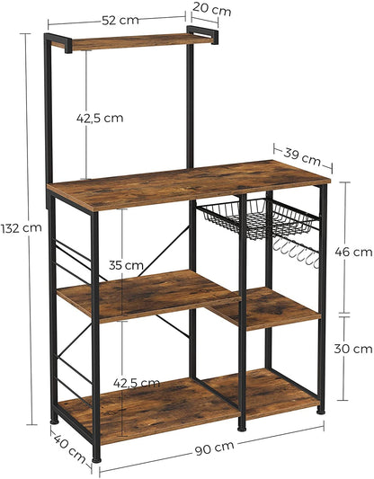 Kithcen Baker'S Rack With Shelves Microwave Stand And 6 S-Hooks Rustic Brown