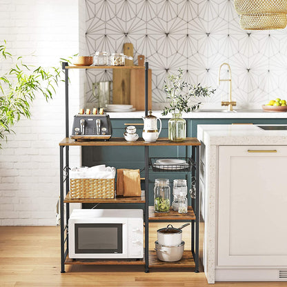 Kithcen Baker'S Rack With Shelves Microwave Stand And 6 S-Hooks Rustic Brown