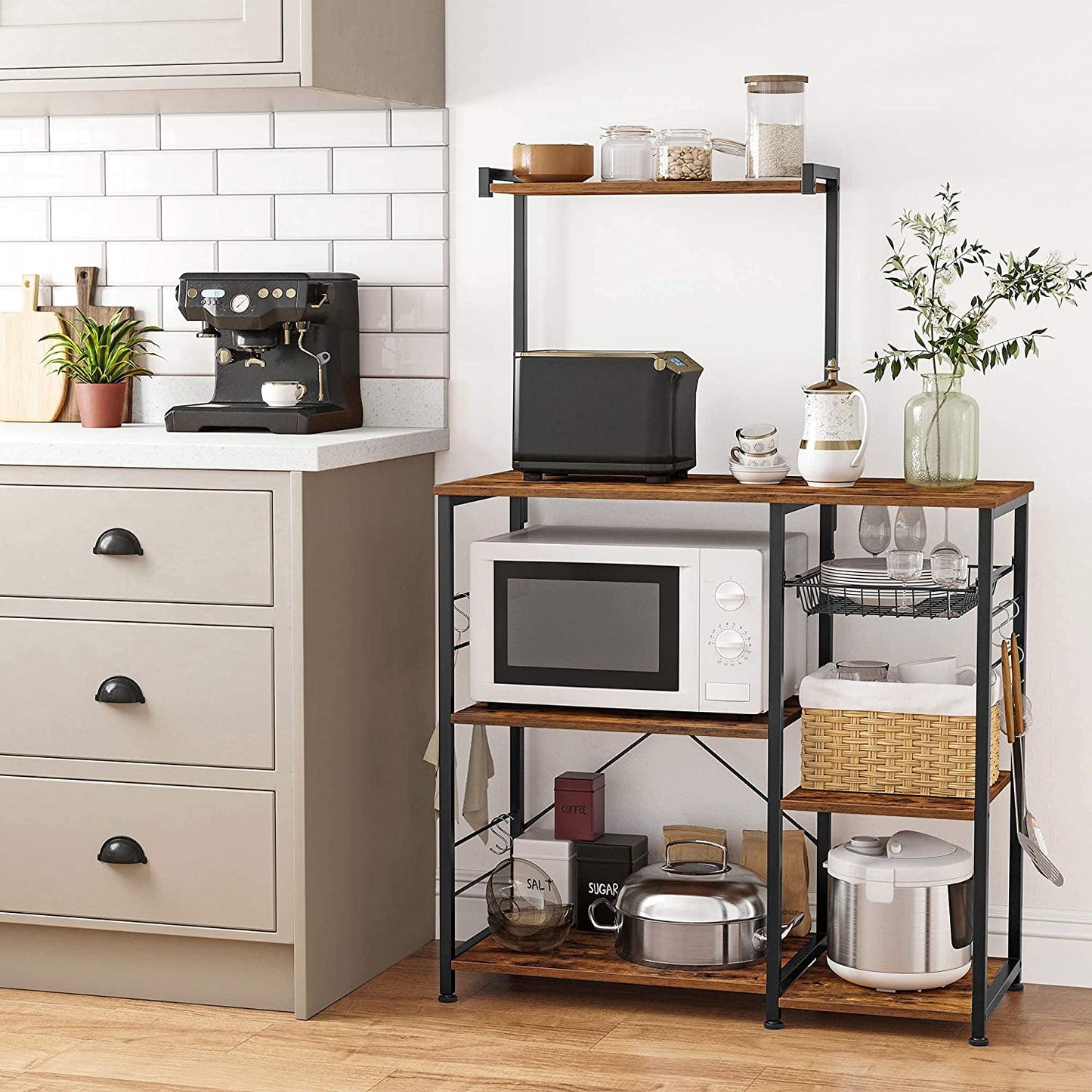 Kithcen Baker'S Rack With Shelves Microwave Stand And 6 S-Hooks Rustic Brown