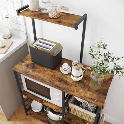 Kithcen Baker'S Rack With Shelves Microwave Stand And 6 S-Hooks Rustic Brown
