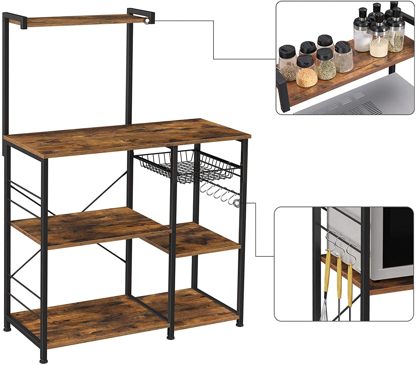 Kithcen Baker'S Rack With Shelves Microwave Stand And 6 S-Hooks Rustic Brown