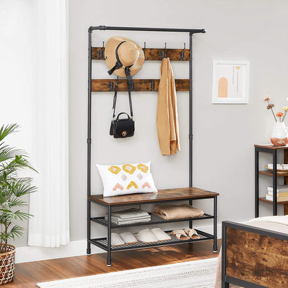 Coat Rack Stand With 9 Hooks And Shoe Rack With Industrial Style Sturdy Steel Frame