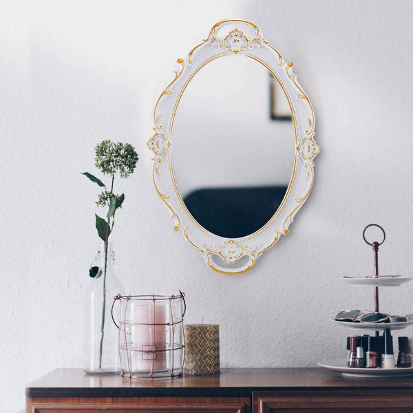  Oval Antique White Vintage Carved Wall Mirror For Bedroom-Living Room