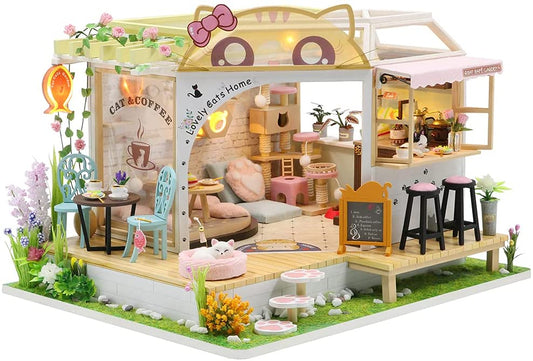 Dollhouse Miniature With Furniture Kit, Dust Proof, Music - Cat Coffee