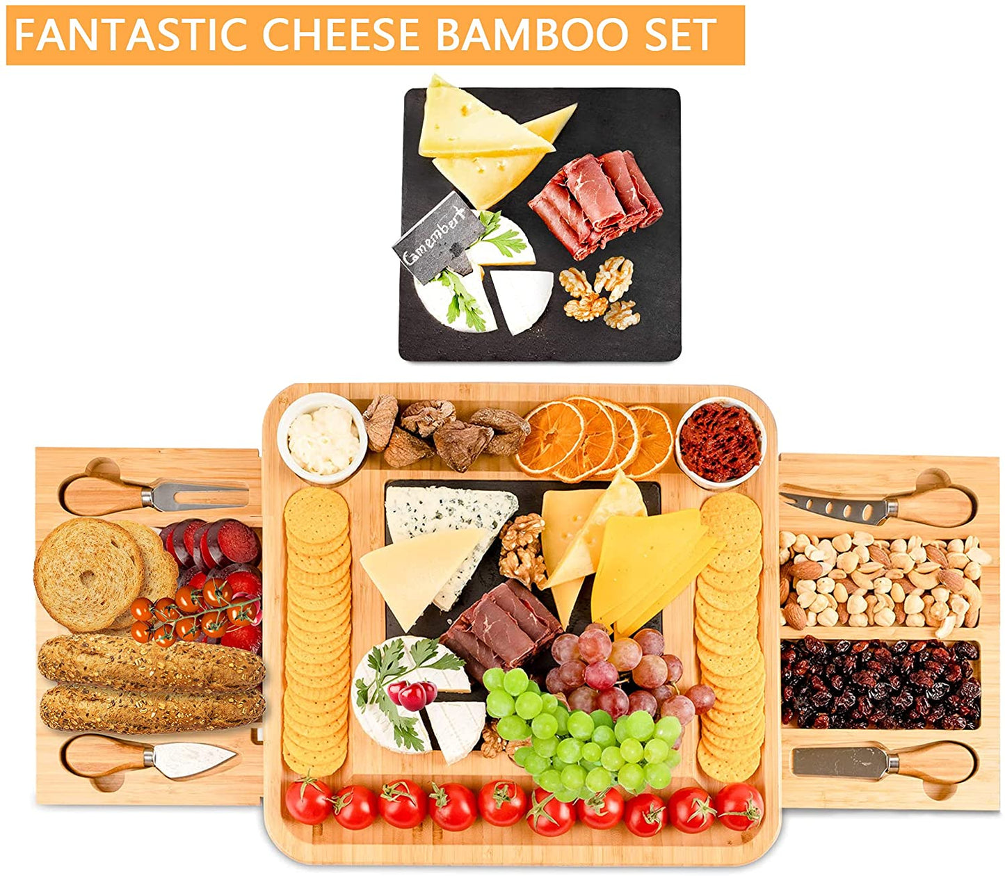 Bamboo Cheese Board Set With Knife Set And Wooden Tray
