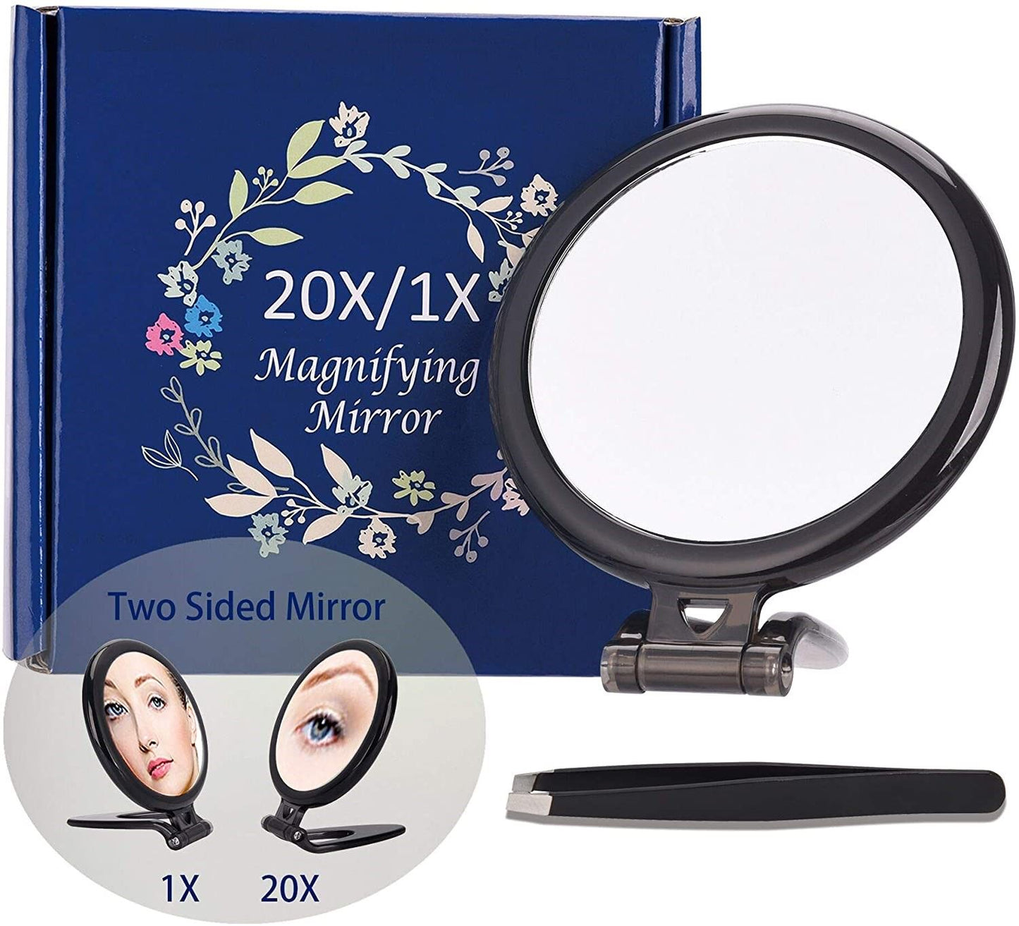 20X Magnifying Hand Mirror For Makeup, Tweezing, And Blemish Removal (10 Cm Black)