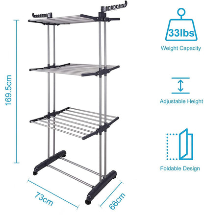 Foldable Clothes Drying Rack: 3 Tier, Indoor, With Hanger Stand Rail