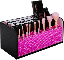 Leather Makeup Brush Organizer With Acrylic Cover And Pink Pearls (Black)