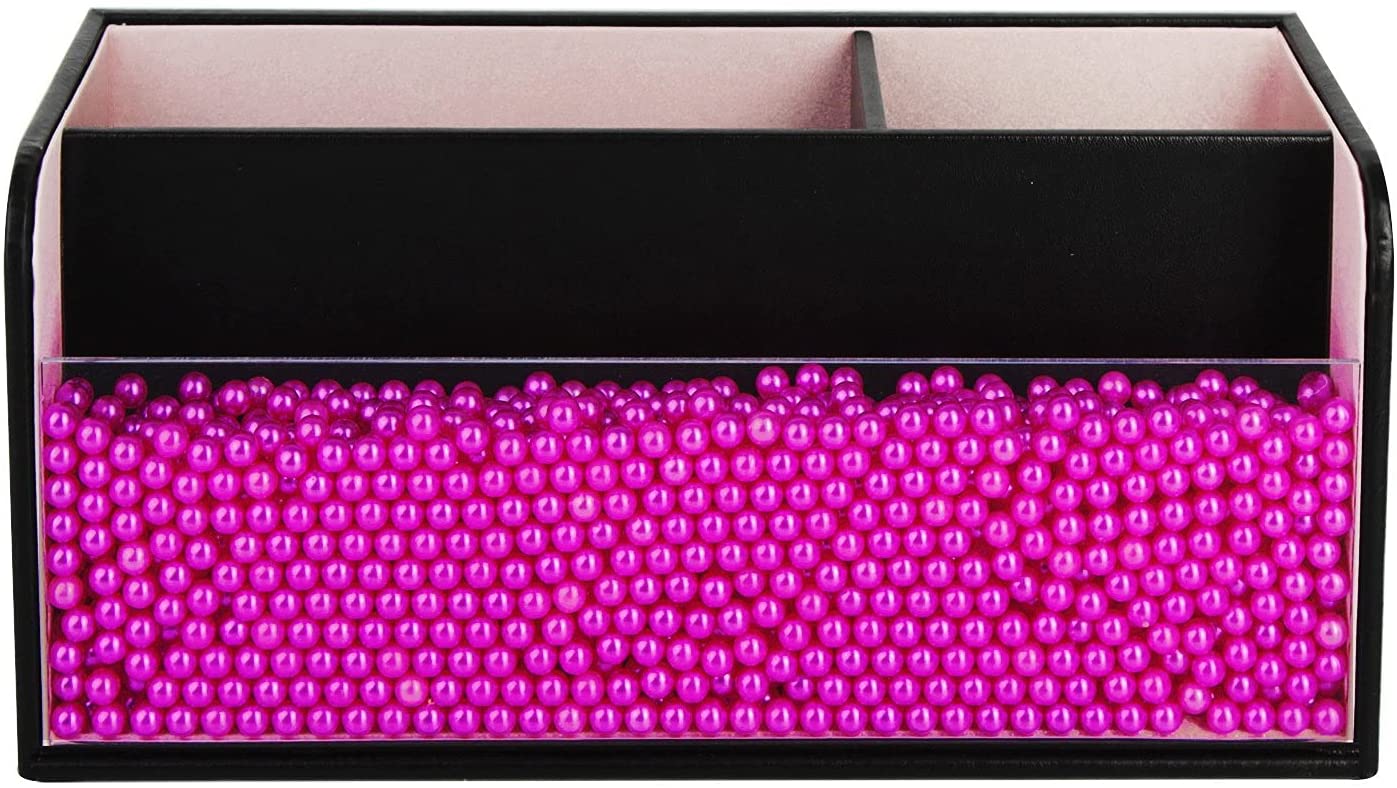 Leather Makeup Brush Organizer With Acrylic Cover And Pink Pearls (Black)
