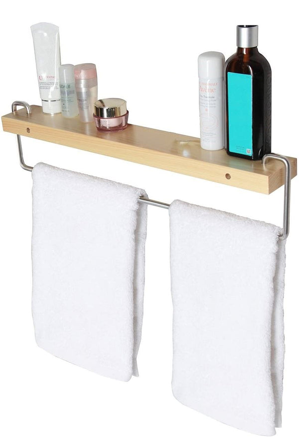  Wall Mount Solid Wood Shelf With Towel Rack Bar (Bathroom Organizer)