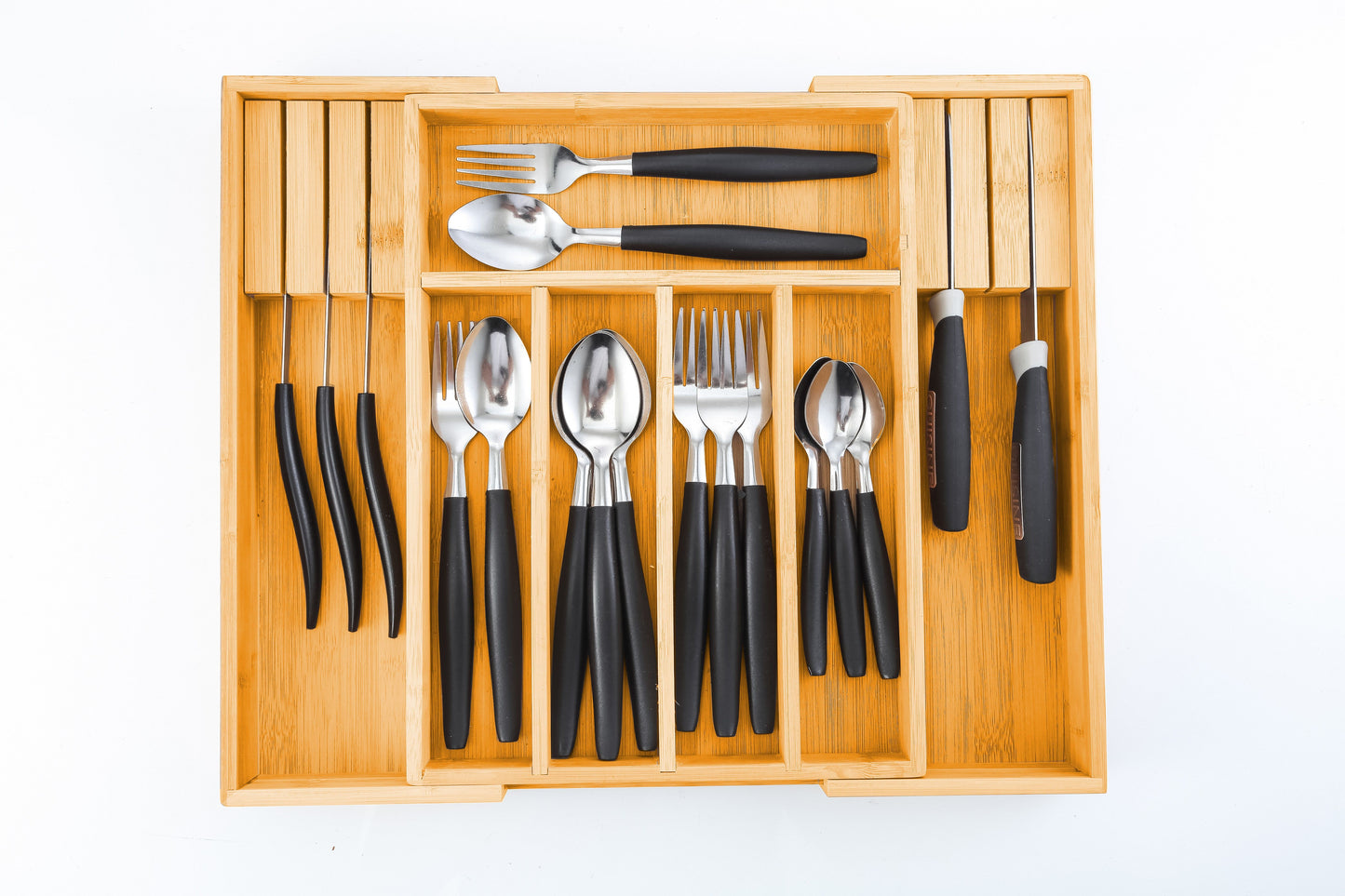 Large Capacity Bamboo Expandable Drawer Organizer with Knife Block Holder