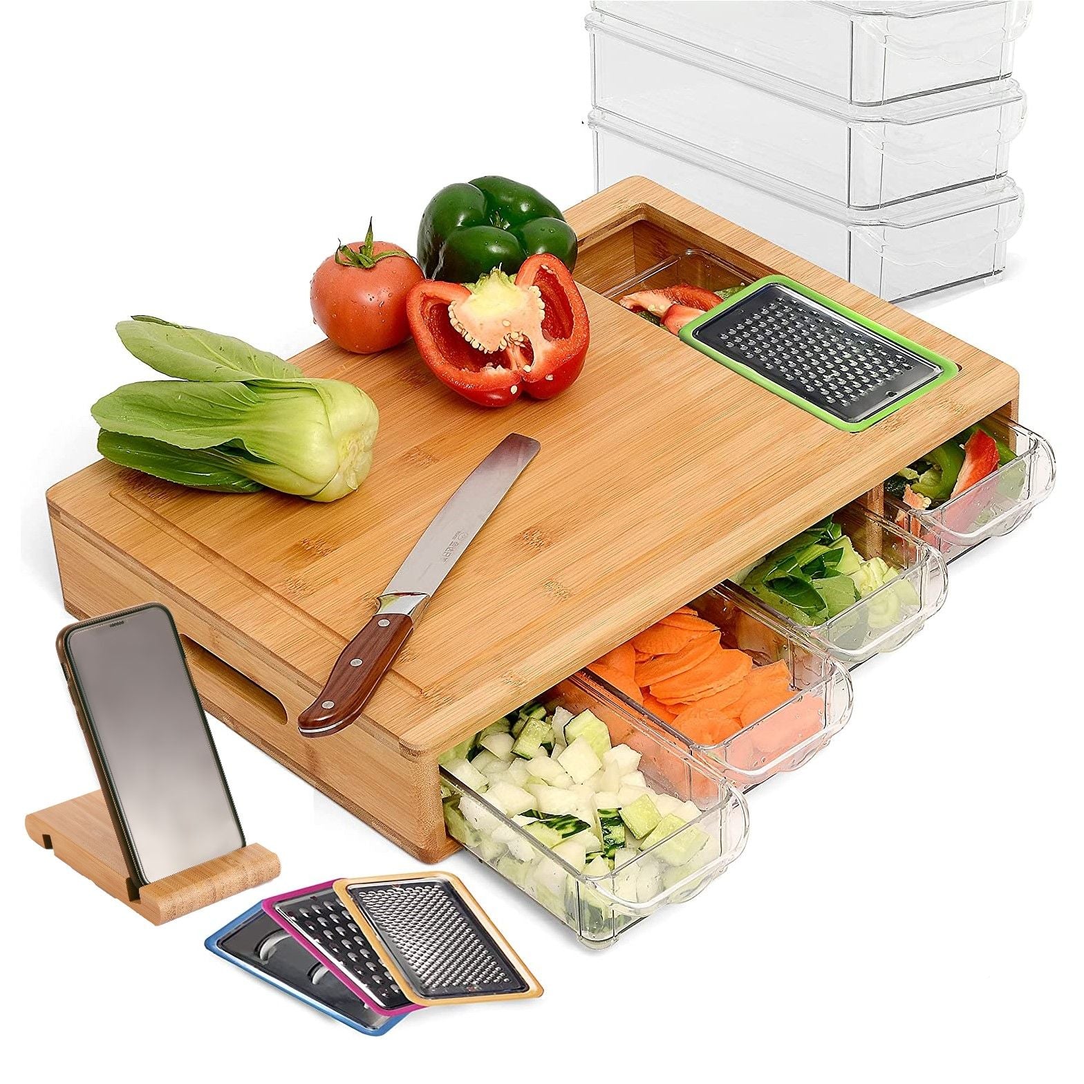 Large Cutting Board and 4 Containers with Mobile Holder gift included