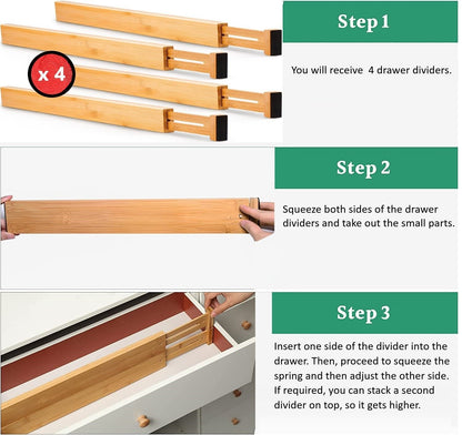 4 Bamboo Adjustable Kitchen Drawer Dividers (Large, 44-55 Cm)