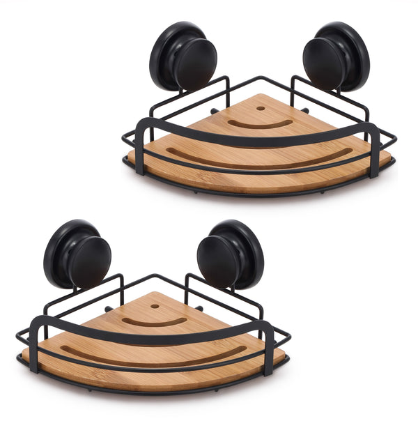  2-Pack Round Bamboo Corner Shower Caddy With Suction Cups