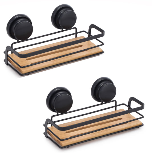 Bamboo Corner Shower Caddy Shelf Basket Rack with Vacuum Suction Cup No Drilling