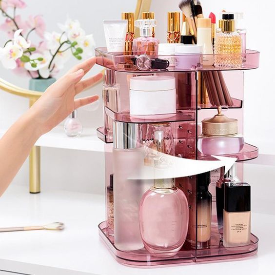 360 Rotating Large Capacity Makeup Organizer (Pink)