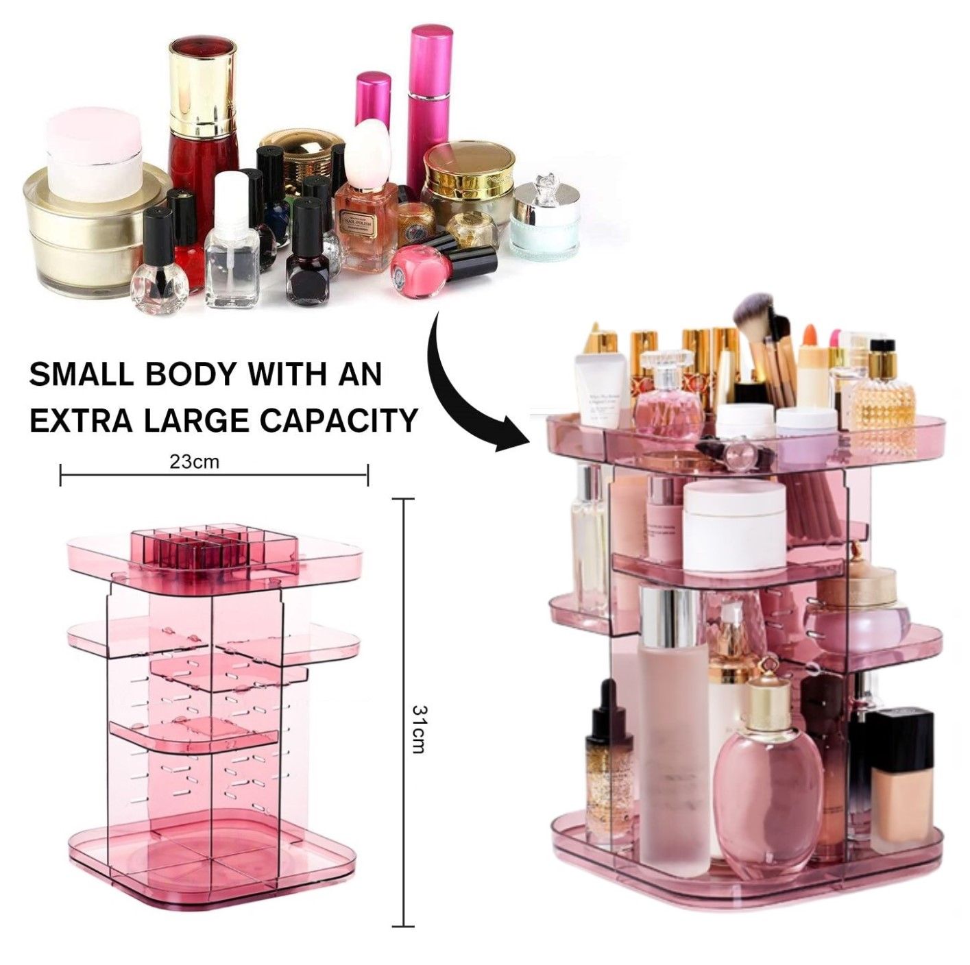 360 Rotating Large Capacity Makeup Organizer (Pink)