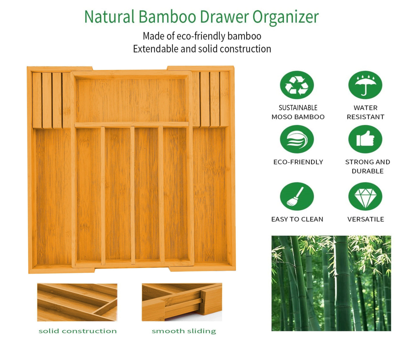2 Pack Large Capacity Bamboo Expandable Drawer Organizer