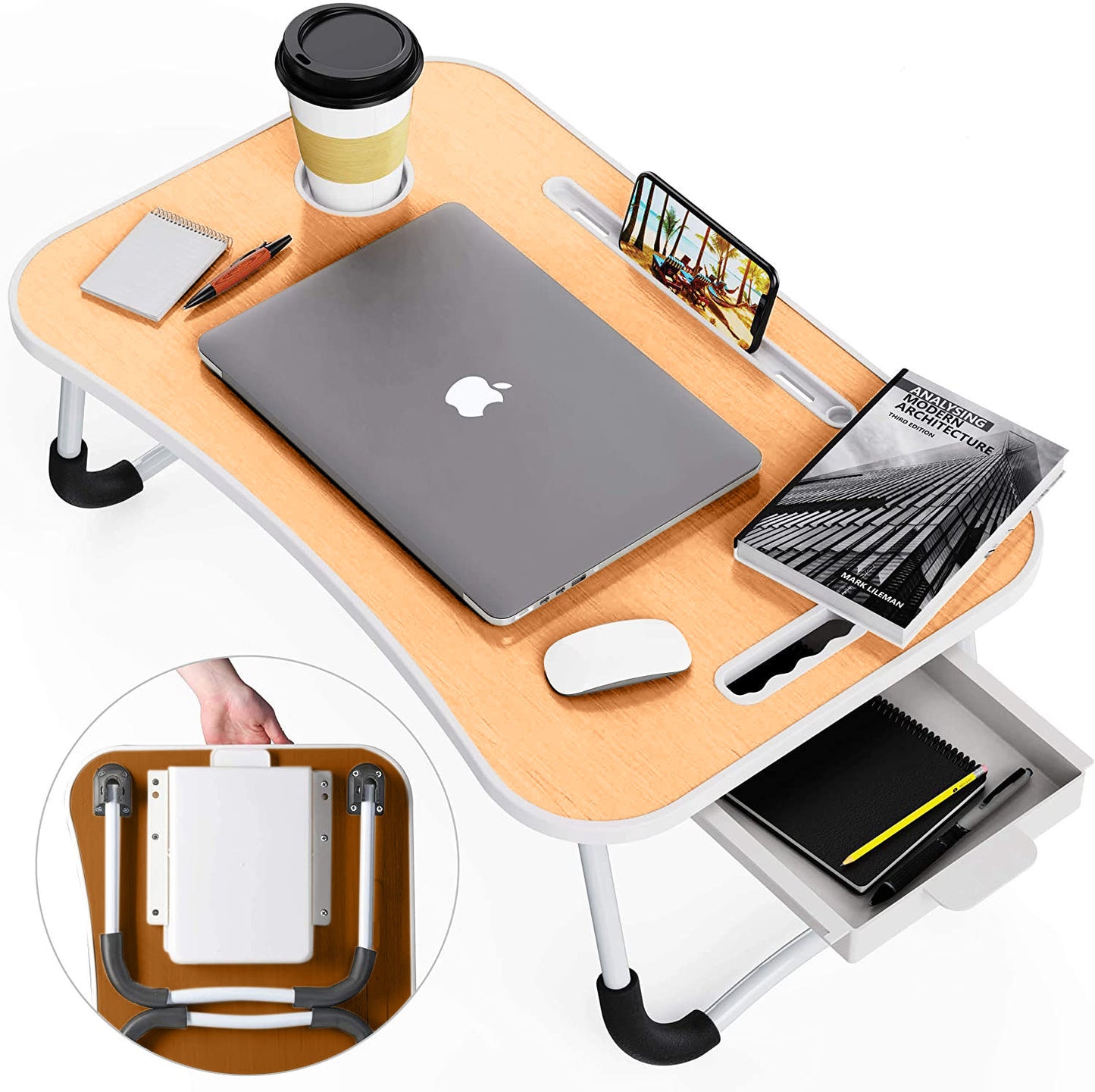 Laptop Bed Desk with Storage and foldable legs for Adults