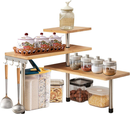 3 Tier Corner Shelf Kitchen Spice Rack Organiser with Hooks
