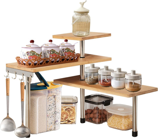 3 Tier Corner Shelf Kitchen Spice Rack Organiser with Hooks