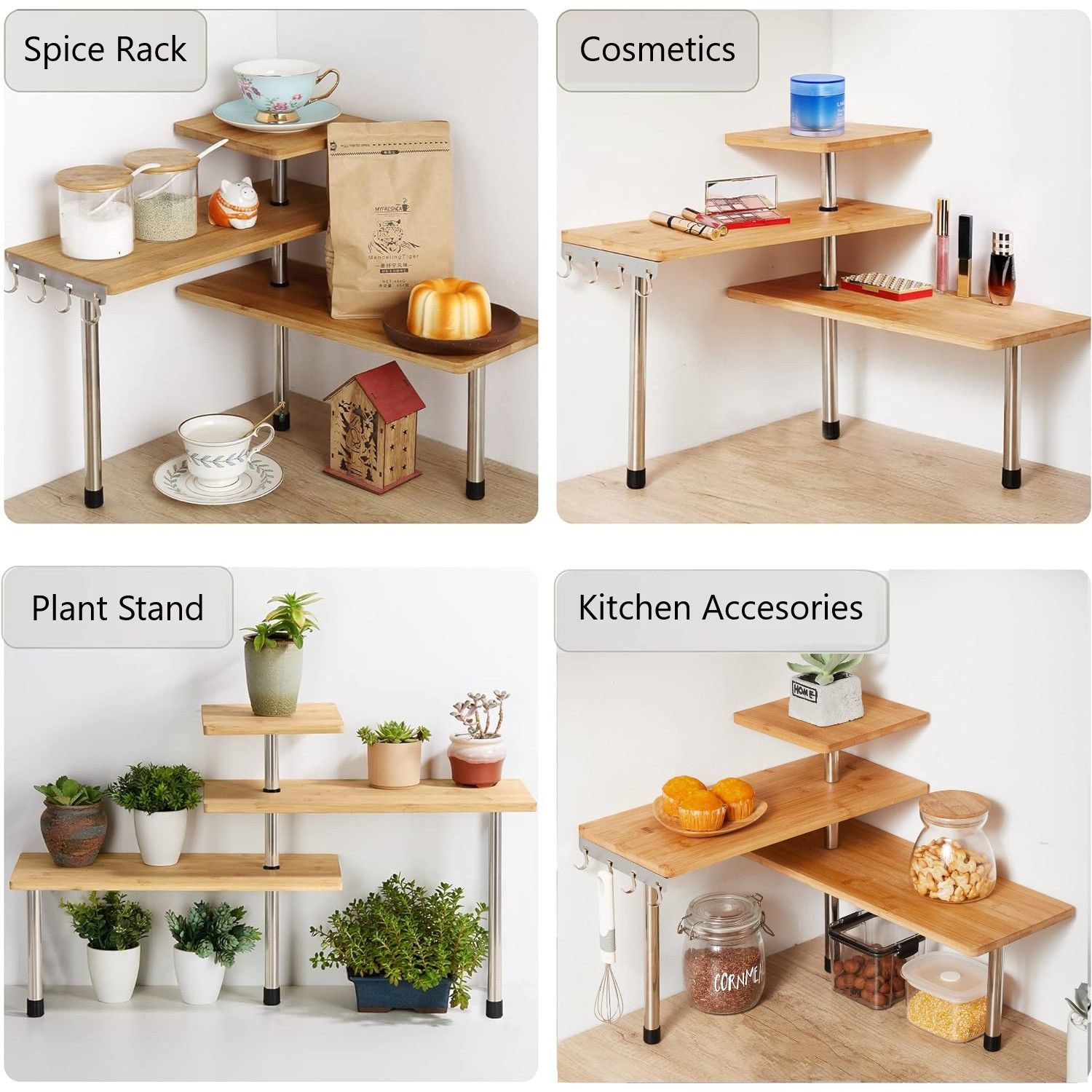 3 Tier Corner Shelf Kitchen Spice Rack Organiser With Hooks For Home S