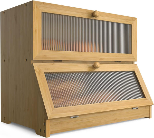  Stylish Double-Layer Bamboo Bread Box - Clear Window