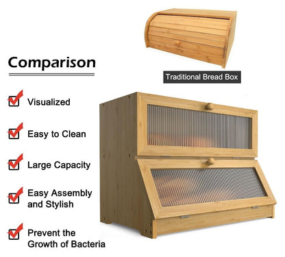 Stylish Double-Layer Bamboo Bread Box - Clear Window