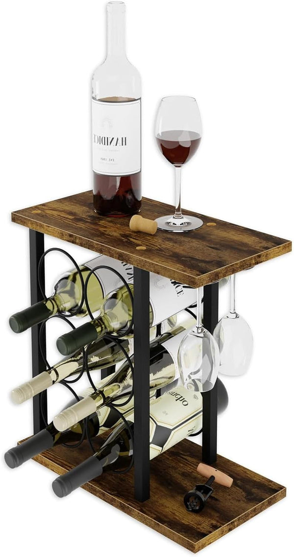  Wine Rack Countertop Wooden & Metal Holder For 6 Bottles & 2 Glasses