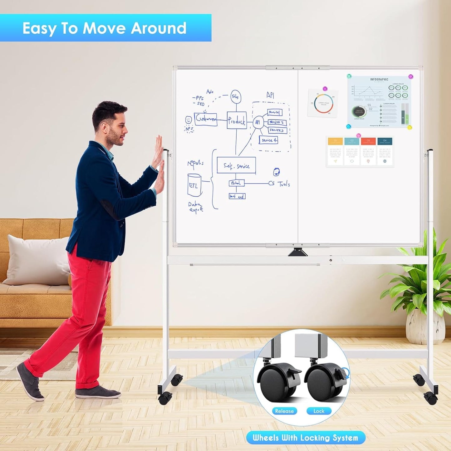 Double Sided Whiteboard 120x90cm Mobile