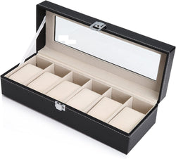 Black Pu Leather Watch Organizer Display Storage Box Cases For Men & Women (6 Slots)