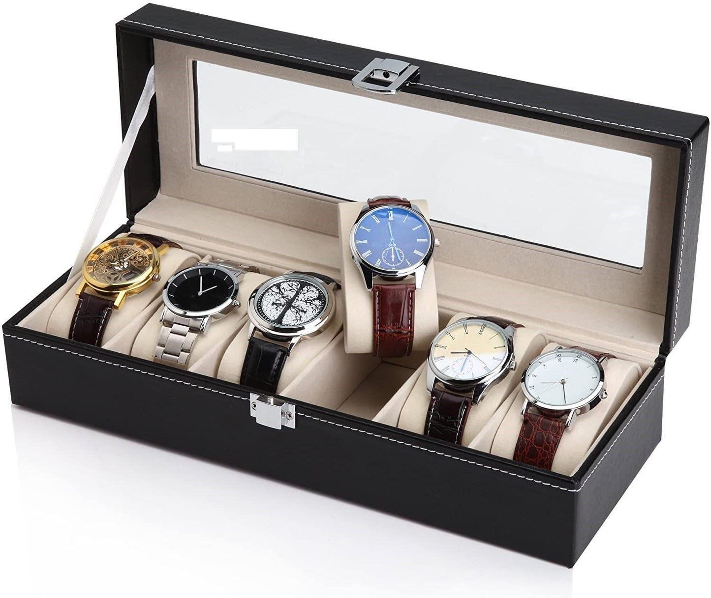 Black Pu Leather Watch Organizer Display Storage Box Cases For Men & Women (6 Slots)