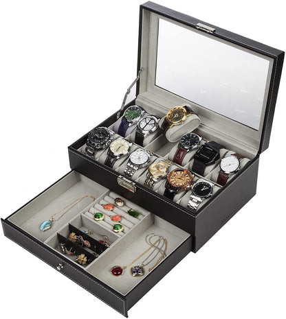 Black Leather Watch Box Jewelry Display Case With Drawers (12 Slots With 2 Layers)