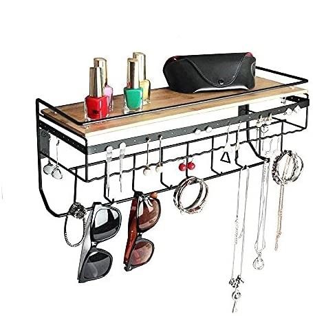  Wall Mount Hanging Jewelry Organizer With 9 Hooks (Black Metal)