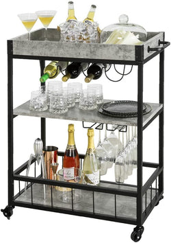 Industrial Vintage Style Wood Metal 3 Tiers Kitchen Serving Trolley(Grey)