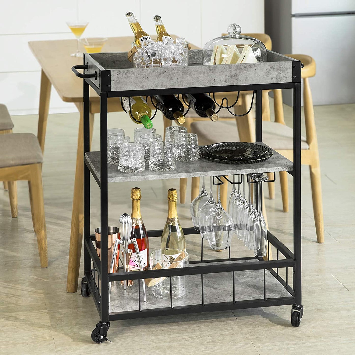 Industrial Vintage Style Wood Metal 3 Tiers Kitchen Serving Trolley(Grey)