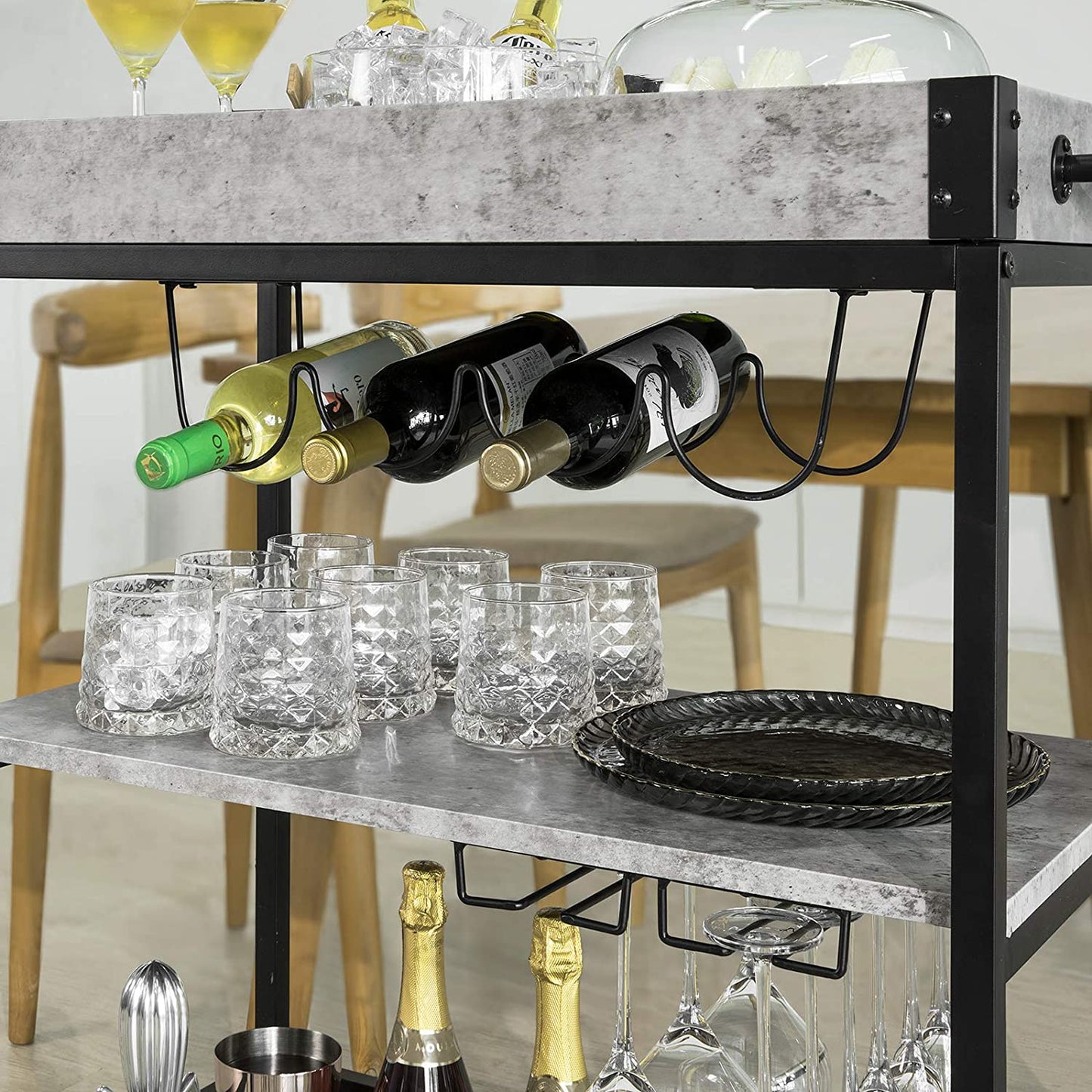 Industrial Vintage Style Wood Metal 3 Tiers Kitchen Serving Trolley(Grey)