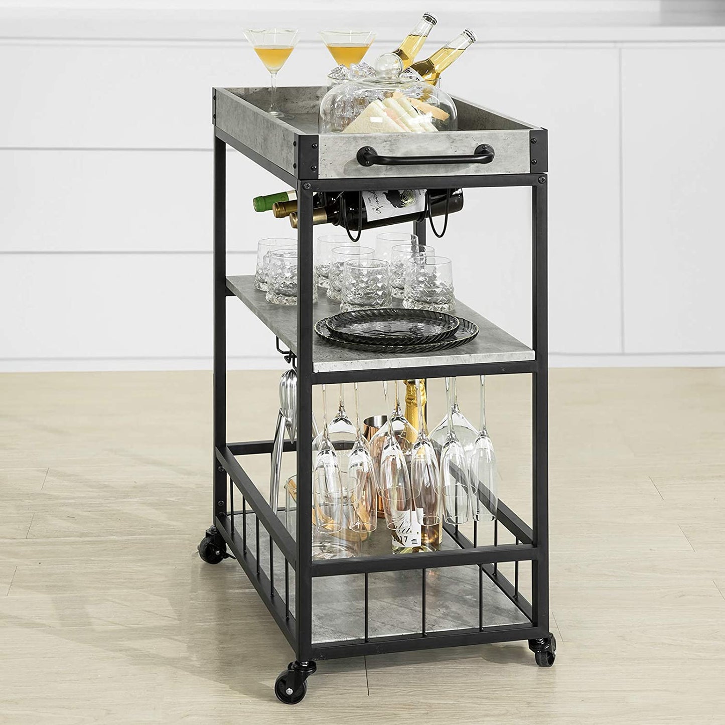 Industrial Vintage Style Wood Metal 3 Tiers Kitchen Serving Trolley(Grey)