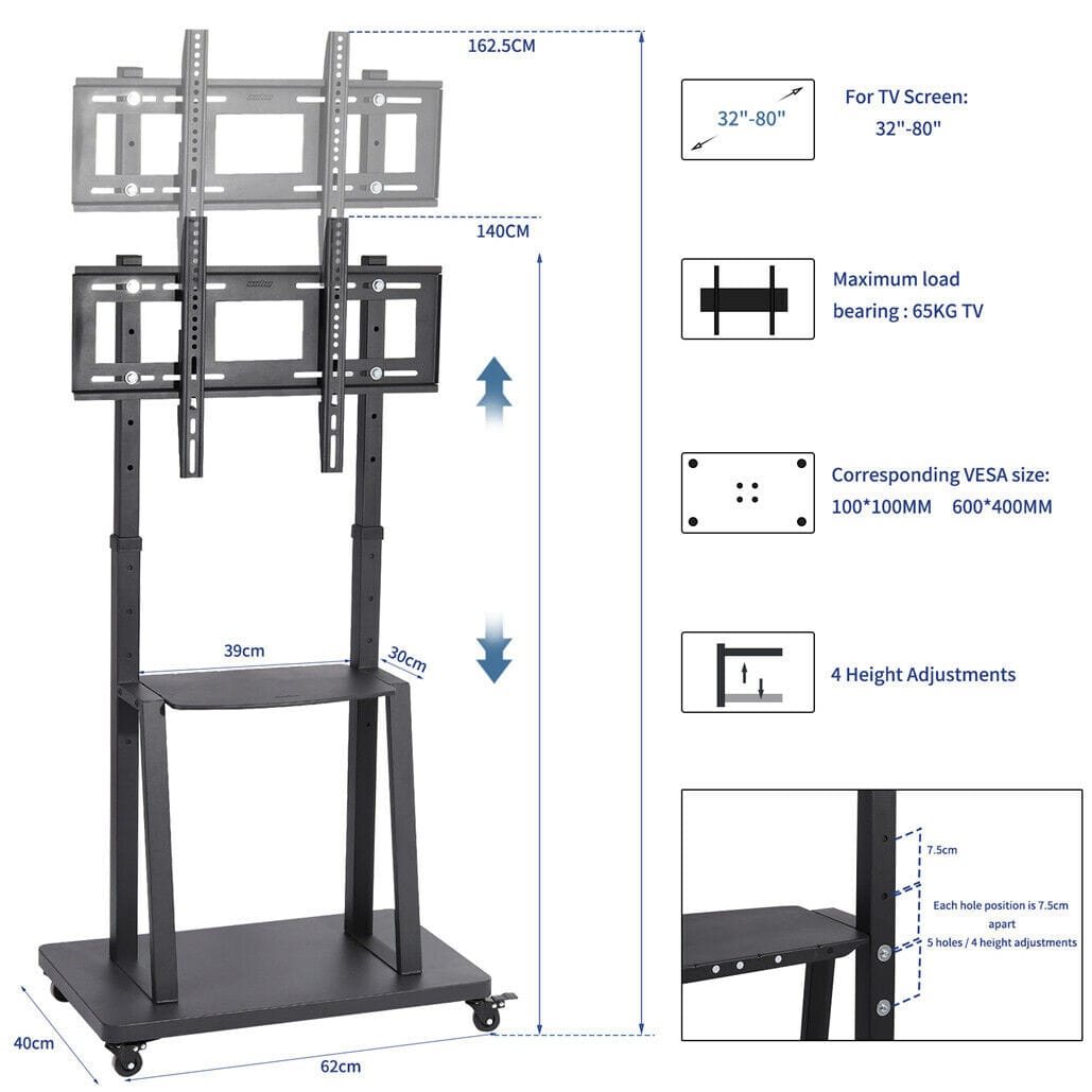 Rolling TV Stand With Adjustable Mount 62x40x162cm