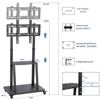 Rolling TV Stand With Adjustable Mount 62x40x162cm