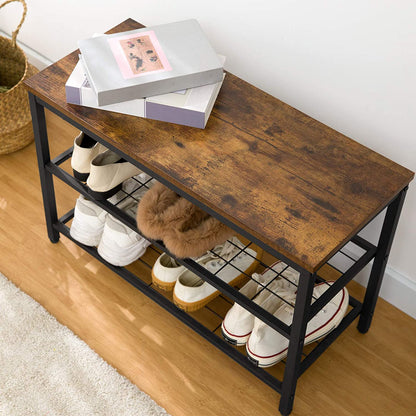 Industrial Design Entryway Shoe Rack With Coat Hooks Organizer (Brown)