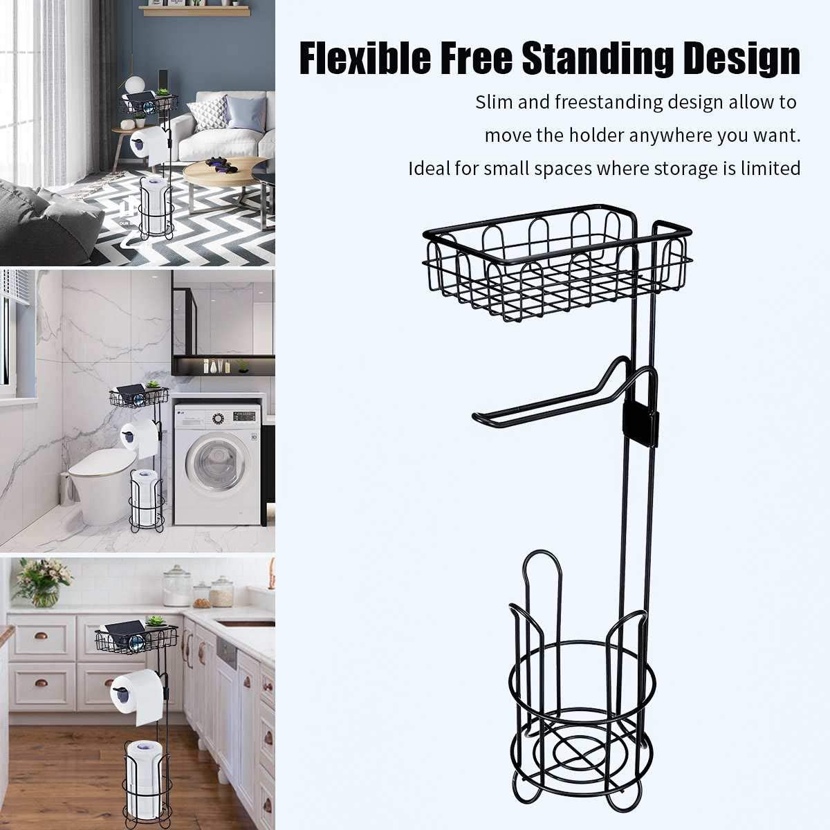 Toilet Paper Holder Stand And Storage Dispenser With Shelf For Bathroom