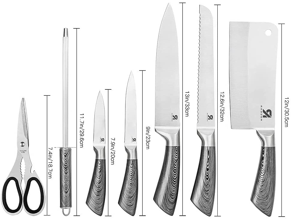 Kitchen Knife Block Set 8 Stainless Steel Knives, Wooden Color Handle (Silver Color)