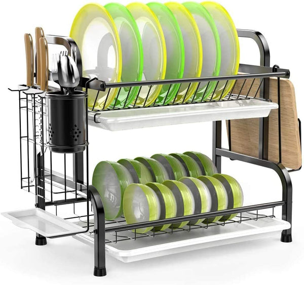  Stainless Steel 2-Tier Dish Drying Rack (Black)