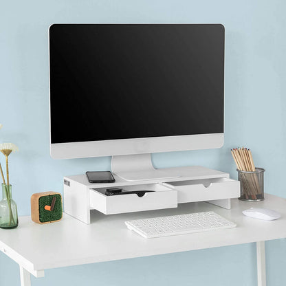 White Monitor Stand Desk Organizer With 2 Drawers