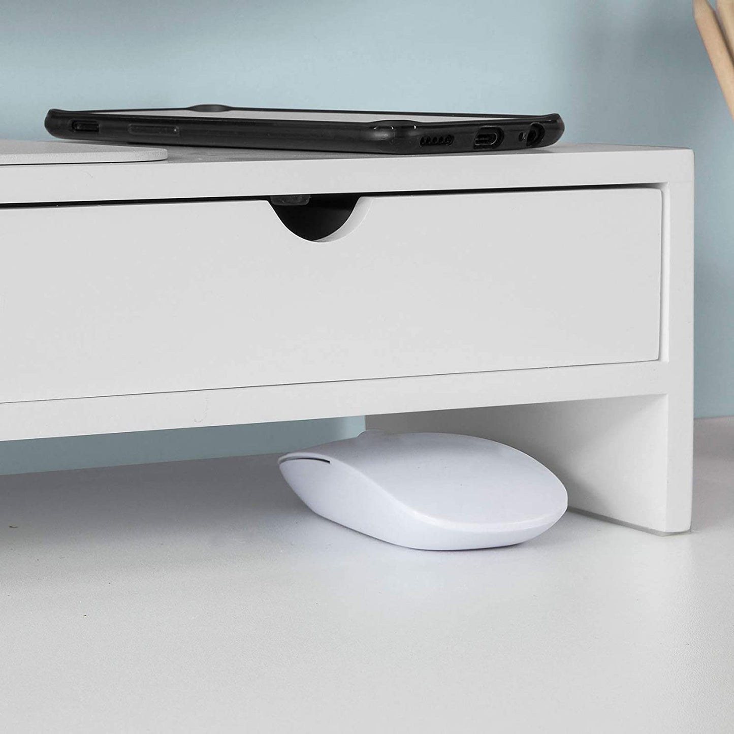 White Monitor Stand Desk Organizer With 2 Drawers