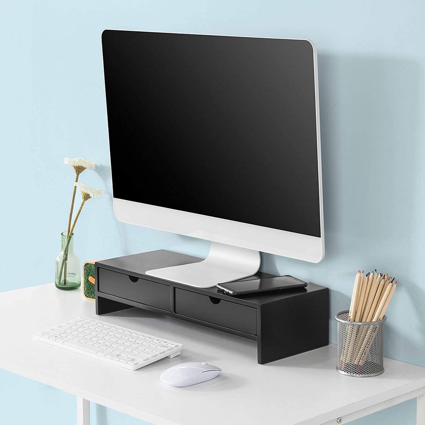 Black Monitor Stand Desk Organizer With 2 Drawers