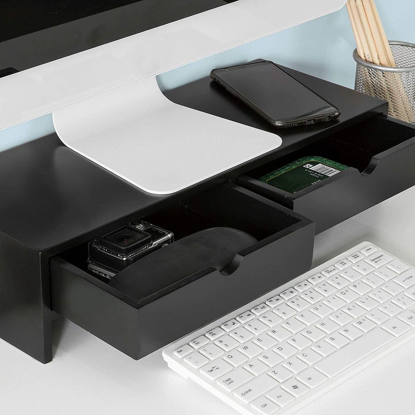 Black Monitor Stand Desk Organizer With 2 Drawers