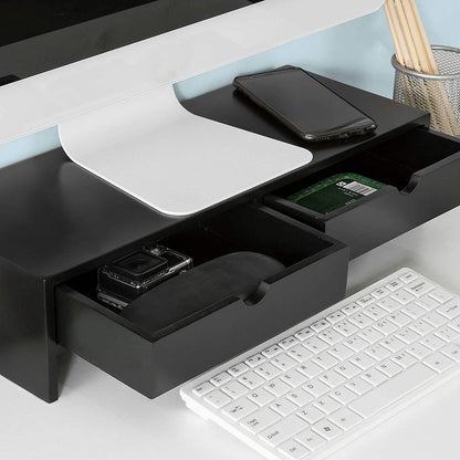 Black Monitor Stand Desk Organizer With 2 Drawers